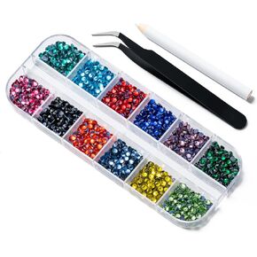 2520Pcs Nail Rhinestones, 12 Types Multi Colorful Flatback Rhinestones for Crafting Nail Art Crafts Decorations Clothes Shoes, with Tweezers and Wax Pencils Tool