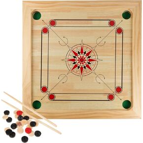 Hey! Play! Carrom Board Game - Wooden Strike and Pocket Game Set with Group of Black and Beige Coins, 2 Red Queen Coins, Striker Coin, and Cue Sticks, Brown
