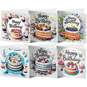 pigpigboss 6 Packs Happy Birthday Diamond Painting Greeting Cards, Birthday Cake Diamond Art Cards with Envelop, Special Shaped Birthday Cake Diamond Painting Crads for Adult