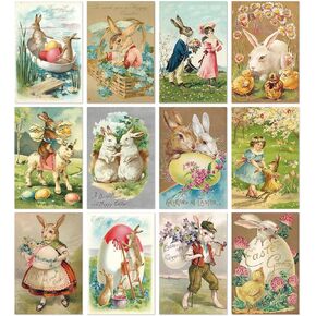 Whaline 36 Pack Vintage Easter Greeting Cards Easter Egg Bunny Rabbit Note Cards with Envelopes Stickers Retro Blank Cards Assortment for Spring Holiday Birthday Supplies