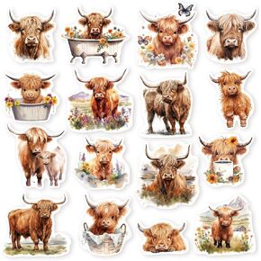 AnyDesign 480Pcs Highland Cow Stickers 16 Styles Watercolor Adorable Cattle Self-Adhesive Stickers Cartoon Animal Theme Label Decals for Water Bottles Laptop Scrapbook Luggage Decor