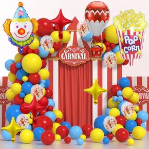 VinTS Carnival Circus Balloon Garland Arch Kit,113Pcs Red Blue Yellow Carnival Balloon,Clown&Popcorn&Hot Air Balloon for Carnivals Circus Themed Party Decoration