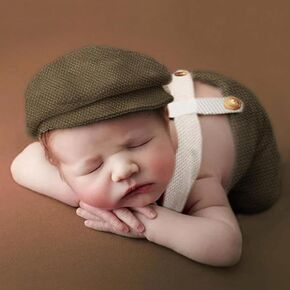 Newborn Boy Photography Props - 2-Piece Baby Boy Photography Oufit, Dungarees with Flat Cap for PhotoShoot