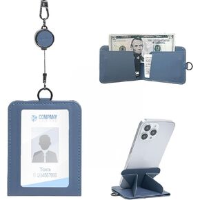 Retractable Badge Holder with 12-inch Lanyard, ID Card Holder Wallet with Phone Stand, Vegan Leather Slim Badge Wallet for Work, Office, Travel – Fits ID, Keycards & Cash – Blue