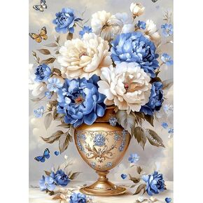 MEIYUDA Flowers Diamond Painting Kits for Adults, 5D Peony Diamond Art Kits for Beginners, DIY Flower Vase Diamond Dots Painting Kit Gem Art Crystal for Home Wall Decor and Holiday Presents 16x12In