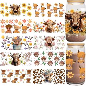 uvdtf cup lev sticker - 10 صفائح من المرتفعات بقرة UV DTF Cup Wrap لـ 16 Oz Glass و Baby Highland Cow و Floral و Flower و Cactus و Butterfly Design on Transfer و Creative DIY Craft