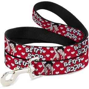 Fleischer Studios, Inc. Pet Leash, Dog Leash, Betty Boop Seated Leg Kick Pose Text Hearts Red White Black, 6 Feet Long 0.5 Inch Wide