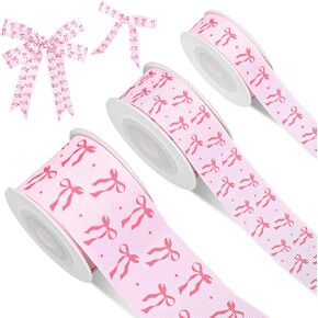 3 Rolls Pink Bow Grosgrain Ribbon Girly Coquette Bow Ribbon for Valentine's Day Wreath Bow Craft Gift Wrap Holiday Party Decor, 15 Yards