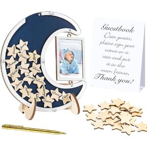 Yookeer Moon Guest Book with Wood Star Cutouts Baby Shower Alternative Guest Books with Photo Frame for Baby Shower Wedding Boys Girls Birthday Parties Keepsake(Large,Clear)