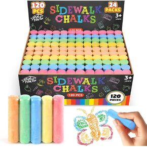 120PCS Sidewalk Chalk Set: 24 Individually Packs 5 Colors, Washable Jumbo Chalk for Kids Toddlers,Non-Toxic Dustless Colored Chalks Bulk for Chalkboard, Playground, Party Favors, Outdoor Art