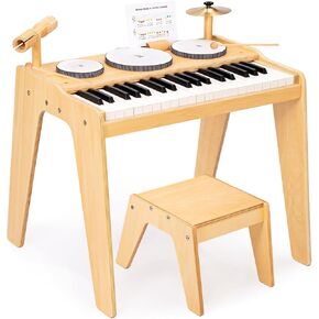 OATHX Kids Piano Keyboard, 37 Keys Digital Piano Toys with Drum Set and Stool, Volume Adjustable, 9 in 1 Musical Instruments for Kids Toddlers Baby Children, Wooden Mini Piano Gifts for Girls Boys 3+