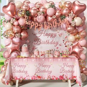 Rose Gold Birthday Decorations, Rose Gold Pink Nude Balloons Happy Birthday Banner Rose Gold Tablecloth Backdrop for Happy Birthday Decorations for Women Adults