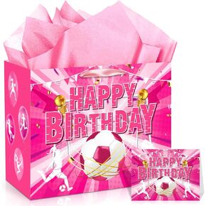 Soccer Birthday Gift Bag for Boys, Blue Soccer Wrapping Paper Favors Bags with Tissue Paper Card Large Soccer Ball Birthday Goodie Treat Bags for Sport Theme Baby Shower Party Decorations Supplies