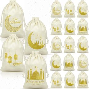 Photect 24 Pcs 50 Pcs Ramadan Burlap Bags Eid Mubarak Linen Drawstring Gift Goody Bags Islamic Gifts Small Drawstring Pouch for Muslim Eid Mubarak Party Decorations, 4.7 x 7.8 Inch