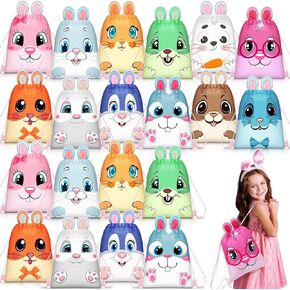 SilTriangle 36 Pcs Easter Drawstring Backpack Bags Cute Reusable Bunny Egg Chick Gift Backpack for Easter Spring Birthday Egg Hunt Party Favor Supplies, 10 x 12 Inches