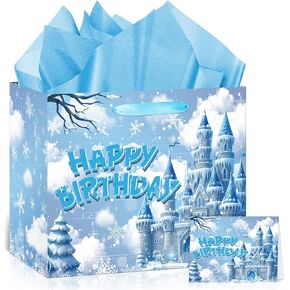 Snowflake Birthday Gift Bag Large Snow Castle Birthday Party Favor Bags with Greeting Card and Tissue Paper Blue Winter Snowflake Gift Wrapping Paper Treat Bag for Bday Winter Christmas Baby Shower