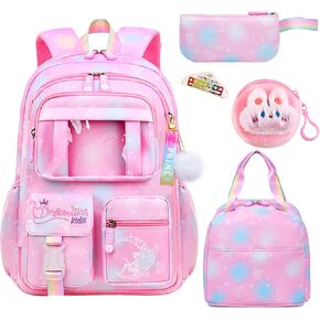 6Pcs Kawaii Backpack Set for Girls, Cute Pink Lightweight Daypack Kids Bookbag Large Capacity Laptop Bag, 17in Gradient Double Shoulder Backpack with Portable Lunch Bag(Purple)