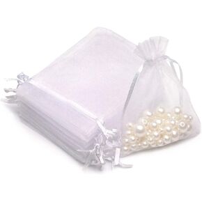 100Pcs 2.7x3.5 inch Sheer Drawstring Organza Jewelry Pouches Wedding Party Christmas Favor Gift Bags (White)