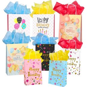 Colodeol 16 PCS Birthday Gift Bags with Handle and 32 Tissues, Assorted Sizes, Medium, Small Size Gift Bag for Kids, Boys, Girls, Women and Men’ Birthdays Party