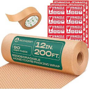 Honeycomb Packing Paper | Extra Thick 90 GSM Packing Wrap | Biodegradable Packing Materials: 12" x 400’ Moving Paper + 195’ Cellulose Adhesive Tape + 30 Fragile Stickers | Paper Bubble Wrap
