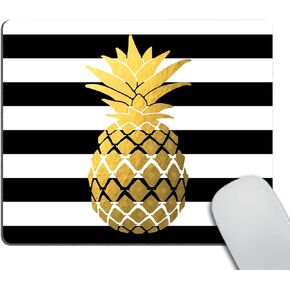 Smooffly Faux Gold Foil Pineapple Mouse Pad, Black and White Stripes, Personalized Mouse Pad
