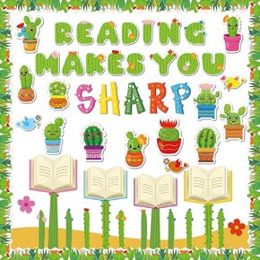 gisgfim Cactus Reading Bulletin Board Decorations Set Spring Classroom Cactus Bulletin Board Border Cutout Reading Makes You Sharp Bulletin Board Craft School Home Wall Decor Back to School Supplies