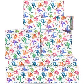 CENTRAL 23 Kids Wrapping Paper - 6 Sheets of Colorful Gift Wrap and Tags - Dragons - Birthday Wrapping Paper for Boys Girls - Comes with Stickers - Eco-friendly