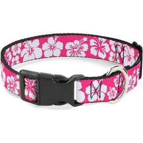 Buckle-Down Plastic Clip Collar - Hibiscus Neon Pink/White - 1" Wide - Fits 15-26" Neck - Large