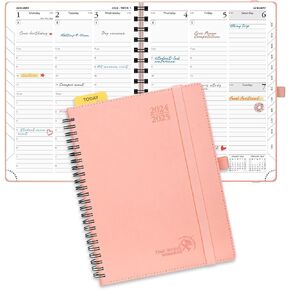 POPRUN Planner 2024-2025 (6.5'' x 8.5'') Academic Year Calendar (July 2024 - June 2025) with Hourly Time Slots, Weekly & Daily Appointment Book for time Management, Leather Cover - Pink