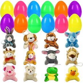 12 Pack Filled Easter Eggs with Plush Animal, Easter Basket Stuffers Plastic Easter Eggs Prefilled Surprise Plush Toys Easter Gifts Hunt Party Favors for Toddler Boys Girls