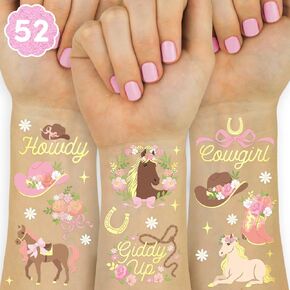 xo, Fetti Pink Horse Girl Temporary Tattoos - 52 Gold Foil Pcs | Cute Cowgirl Birthday Accessory, Pony Bachelorette Party Favor, Cute Kids Activity
