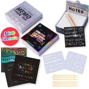 Rainbow Holographic Scratch Art Paper Mini Notes - 3 Pack Set (300 Sheets 3.5x3.5 in) with 2 Templates, Magic Scratch Cards for Kids Toy Arts Crafts DIY Party Favor Supplies for Boys Girls Christmas