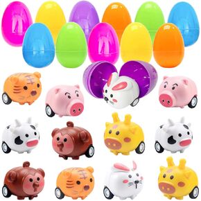 12Pcs Easter Eggs with Pull Back Car Toys, Plastic Eggs with Cartoon Animal Vehicles for Kids Easter Egg Hunts, Easter Basket Stuffers Fillers, Easter Party Favor Classroom Prize Supplies