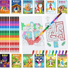 BenLouis 24 Christian Mini Coloring Books Kids with 24 Stacking Crayons Bible Verse Party Favors Activity Books Bulk for Kids Christmas Religious Goodie Bag Gift Stuffer Classroom Reward