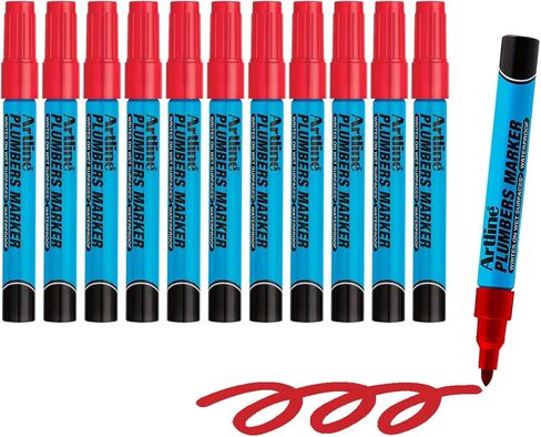 Artline Plumbers Permanent Markers, Professional Series, For Use On Wet Surfaces, Waterproof Construction Markers, 1.5mm Bullet Tip - Red, Pack of 12 in Kuwait