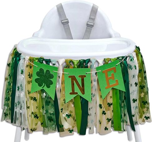 Banner High Chair في عيد القديس باتريك - لوازم حفلة عيد ميلاد محظوظة واحدة ، زخارف Glitter Luck Shamrock ، أربع أوراق البرسيم عيد ميلاد واحد لافتة على كرسي توتو (Lucky Green) in Kuwait