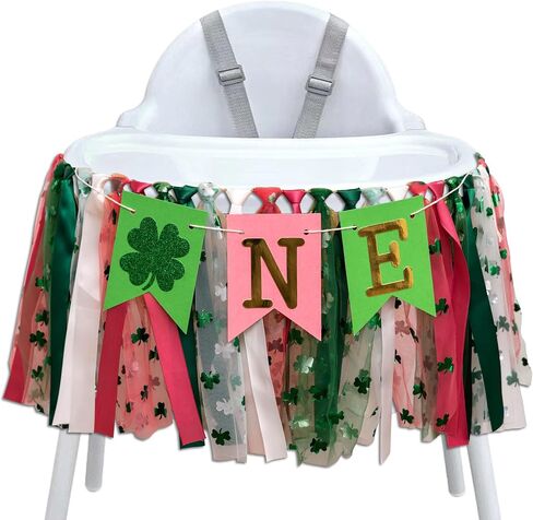 Banner High Chair في عيد القديس باتريك - لوازم حفلة عيد ميلاد محظوظة واحدة ، زخارف Glitter Luck Shamrock ، أربع أوراق البرسيم عيد ميلاد واحد لافتة على كرسي توتو (Lucky Green) in Kuwait
