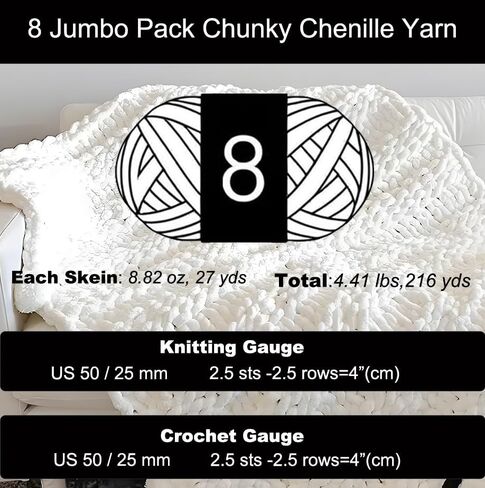 Chunky Yarn for Hand Knitting,Bulky Fluffy Plush Yarn for Crochet,Chunky Chenille Yarn,Soft Big Yarn for Chunky Blanket,Extra Thick Jumbo Yarn for Arm Knitting,8 Skeins Large Yarn,Cream White in Saudi Arabia