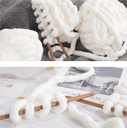Chunky Yarn for Hand Knitting,Bulky Fluffy Plush Yarn for Crochet,Chunky Chenille Yarn,Soft Big Yarn for Chunky Blanket,Extra Thick Jumbo Yarn for Arm Knitting,8 Skeins Large Yarn,Cream White in Saudi Arabia