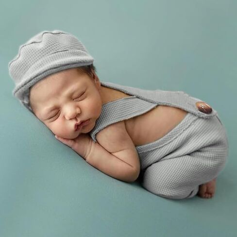 Newborn Boy Photography Props - 2-Piece Baby Boy Photography Oufit, Dungarees with Flat Cap for PhotoShoot in Saudi Arabia