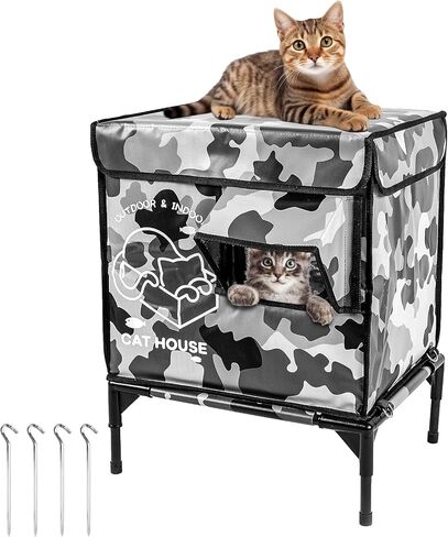 Cat House Outdoor, Elevated Feral Cat Shelter Weatherproof with Escape Door,Outside Waterproof Insulated Strayed Cat House for Winter(Black) in Kuwait