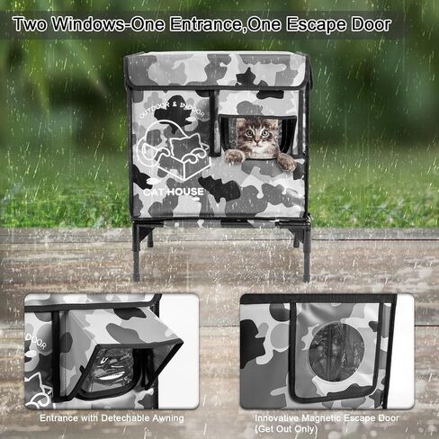 Cat House Outdoor, Elevated Feral Cat Shelter Weatherproof with Escape Door,Outside Waterproof Insulated Strayed Cat House for Winter(Black) in Kuwait