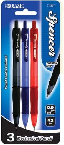 BAZIC Mechanical Pencil 0.9mm HB Spencer Soft Grip, Smooth Writing Pencils Lead, Latex Free Eraser, for Drafting Drawing Sketching (3/Pack), 1-Pack in Kuwait