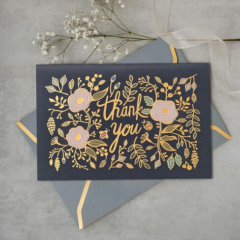 Prims & Flourish شكرًا لك بطاقات مع مظاريف ، وملاحظات شكر على مدار 24 مترًا ، وتصميمات زهرية من الذهب ، و 4 × 6 بوصات ، وفرقة في الداخل. in Kuwait