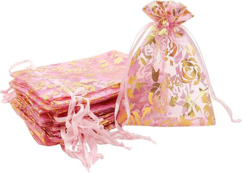 SumDirect Pink Drawstring Organza Bags - 100Pcs 4×5 Inches Pink Rose Sheer Jewelry Gift Bags, Small Mesh Candy Bags for Wedding Party Festival in Saudi Arabia