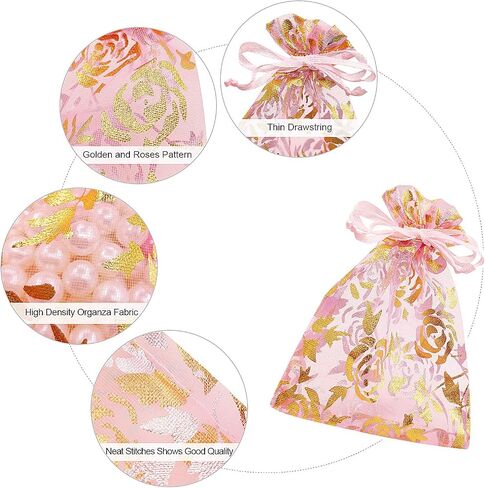 SumDirect Pink Drawstring Organza Bags - 100Pcs 4×5 Inches Pink Rose Sheer Jewelry Gift Bags, Small Mesh Candy Bags for Wedding Party Festival in Saudi Arabia