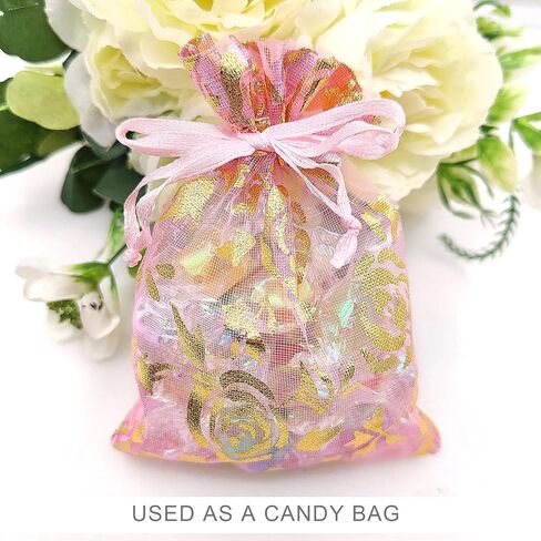 SumDirect Pink Drawstring Organza Bags - 100Pcs 4×5 Inches Pink Rose Sheer Jewelry Gift Bags, Small Mesh Candy Bags for Wedding Party Festival in Saudi Arabia