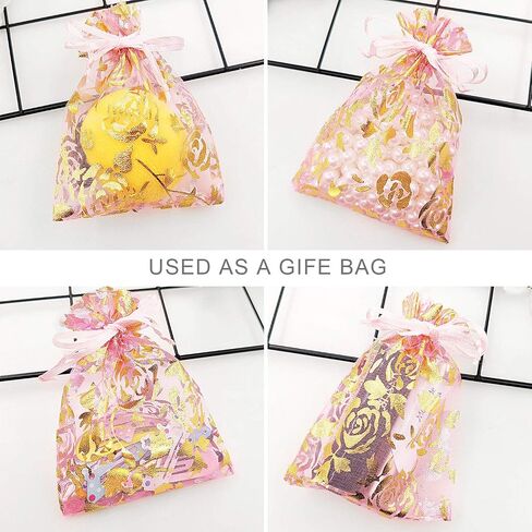 SumDirect Pink Drawstring Organza Bags - 100Pcs 4×5 Inches Pink Rose Sheer Jewelry Gift Bags, Small Mesh Candy Bags for Wedding Party Festival in Saudi Arabia