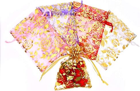 SumDirect Pink Drawstring Organza Bags - 100Pcs 4×5 Inches Pink Rose Sheer Jewelry Gift Bags, Small Mesh Candy Bags for Wedding Party Festival in Saudi Arabia