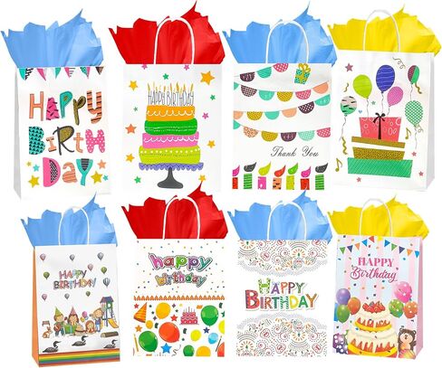 Colodeol 16 PCS Birthday Gift Bags with Handle and 32 Tissues, Assorted Sizes, Medium, Small Size Gift Bag for Kids, Boys, Girls, Women and Men’ Birthdays Party in Saudi Arabia